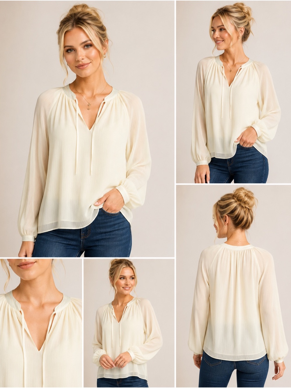 New nine britton Cream Chiffon Tie-Neck Blouse